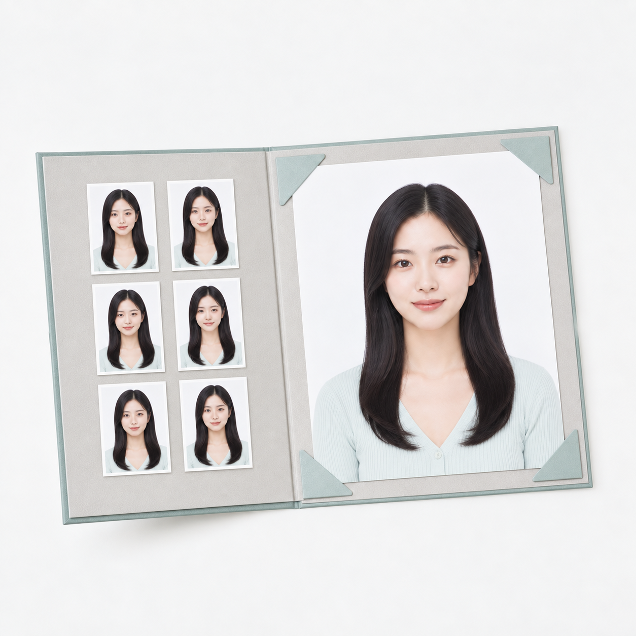 프로필 5 × 7 인화와 3.5 × 4.5cm 사진 6장 인화 구성 시안